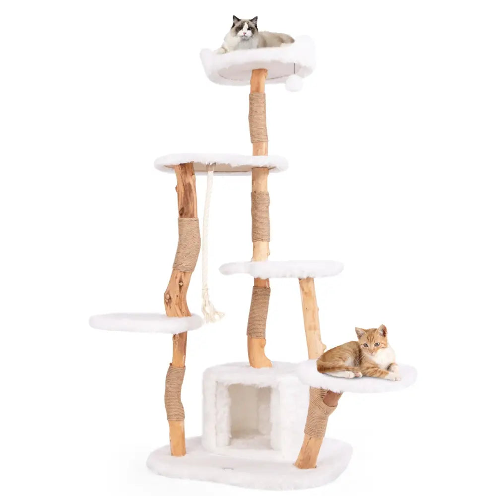 66 Inch Tall Solid Wood Cat Tree Modern Wooden Cat Tower with Perch-White - White - Cat Trees Condos & Scratchers