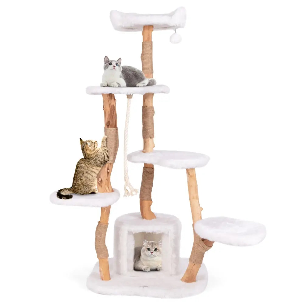 66 Inch Tall Solid Wood Cat Tree Modern Wooden Cat Tower with Perch-White - White - Cat Trees Condos & Scratchers