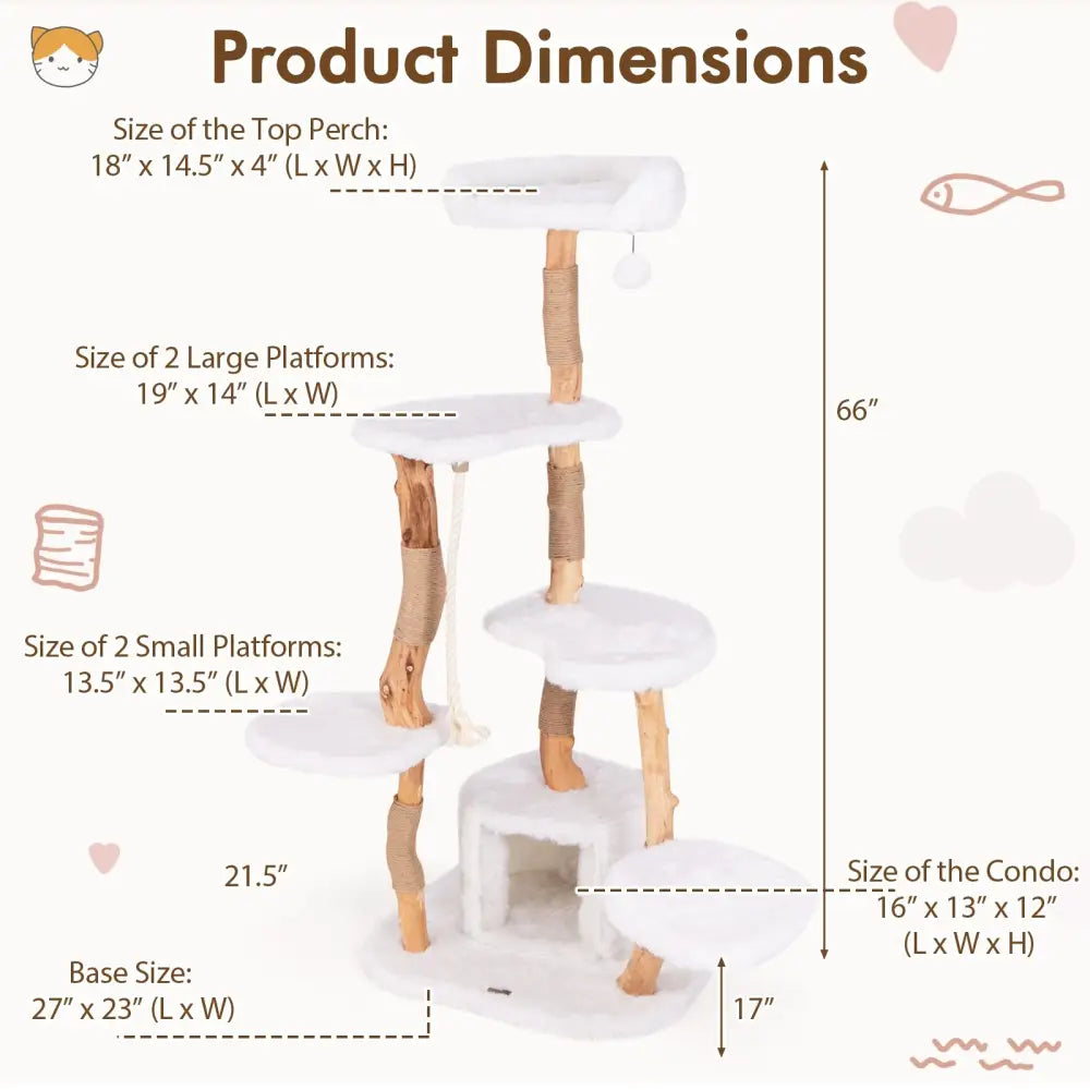 66 Inch Tall Solid Wood Cat Tree Modern Wooden Cat Tower with Perch-White - White - Cat Trees Condos & Scratchers