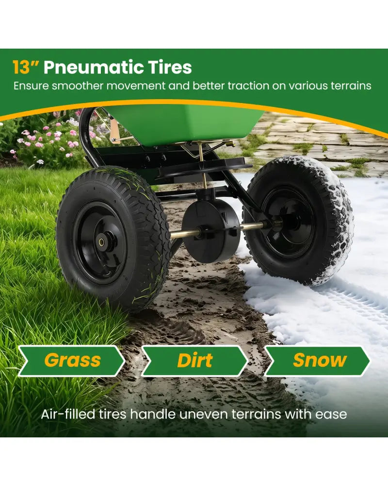 66 LBS Walk-Behind Broadcast Spreader with 13 Inch All-Terrain Tires-Green - Green - Lawn Care Tools