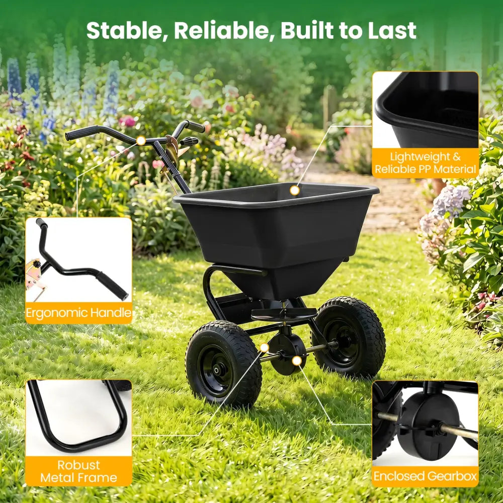 66 LBS Walk-Behind Broadcast Spreader with 13 Inch All-Terrain Tires-Black - Black - Lawn Care Tools