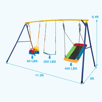 660 LBS Heavy Duty Carbon Steel Swing Frame with 3 Swings-Yellow - Yellow - Swing & Playsets
