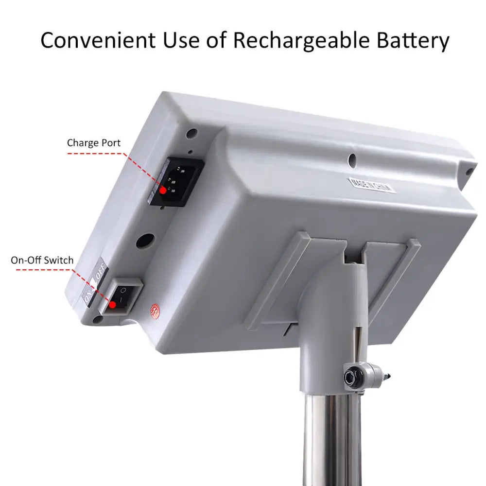 Gray electronic device with charging port and on-off switch labeled, on a white background.