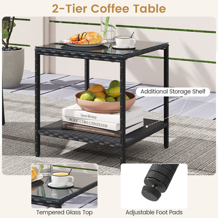 3 Piece Patio Furniture Set with Seat Cushions and Tempered Glass Tabletop-Black