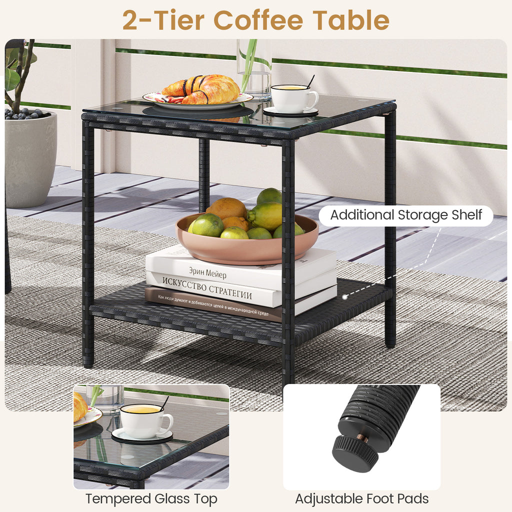 3 Piece Patio Furniture Set with Seat Cushions and Tempered Glass Tabletop-Black