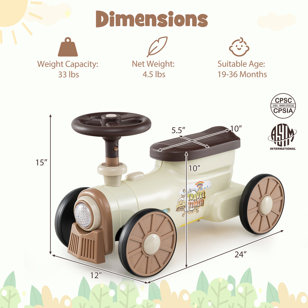 Ride on Toy with Steering Wheel and Train Whistle Sound Button-Beige