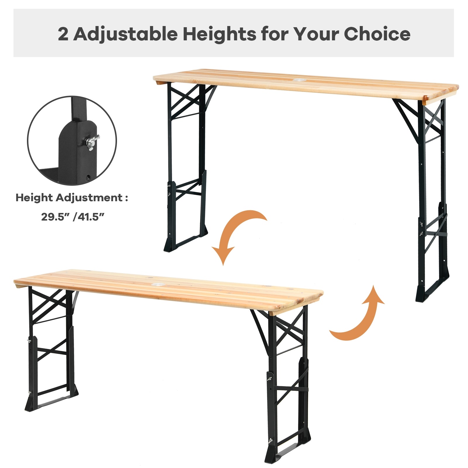 Table de pique-nique pliante d'extérieur en bois de 66,5 pouces avec hauteurs ajustables