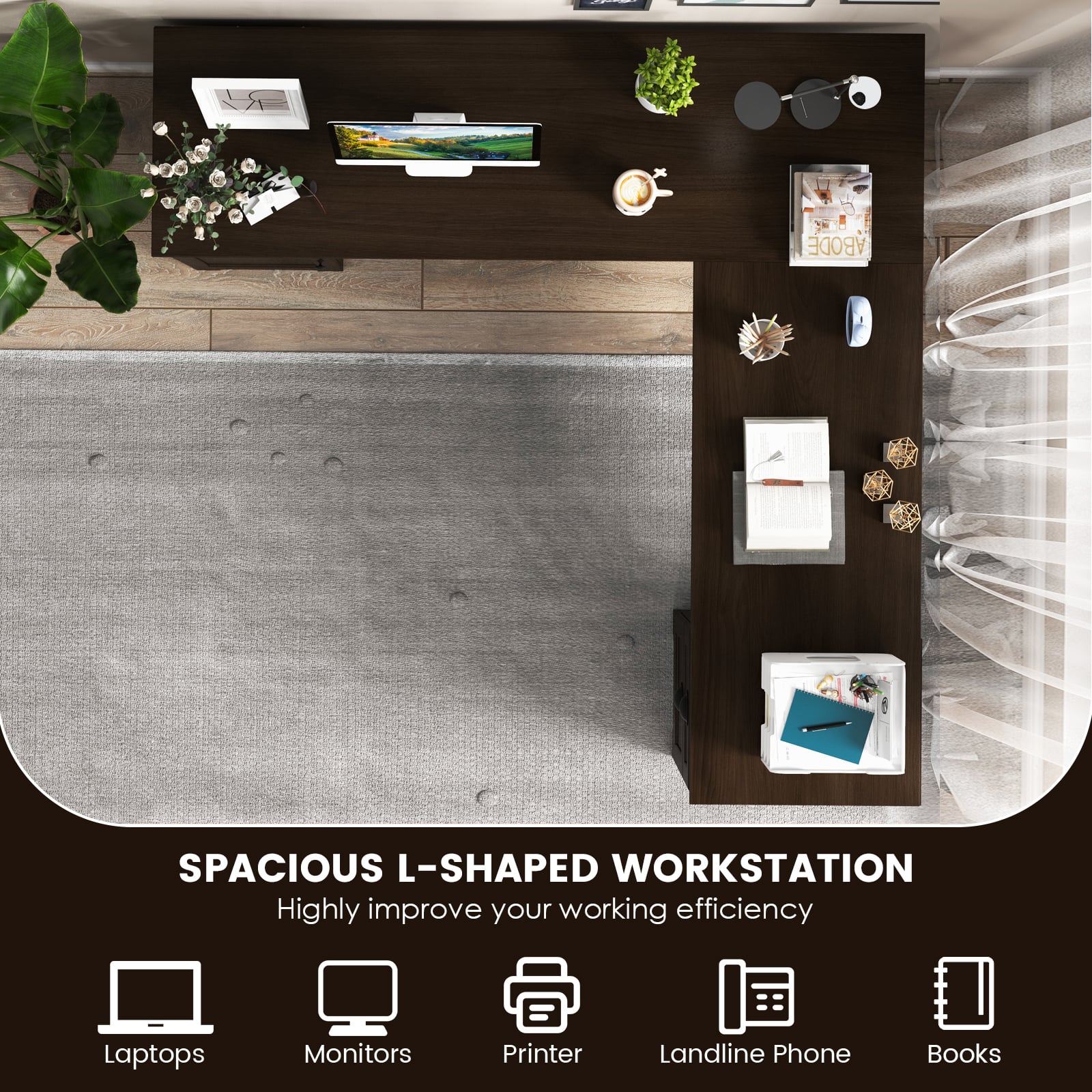 66 Inch L-Shaped Writing Study Workstation Computer Desk with Drawers-Coffee