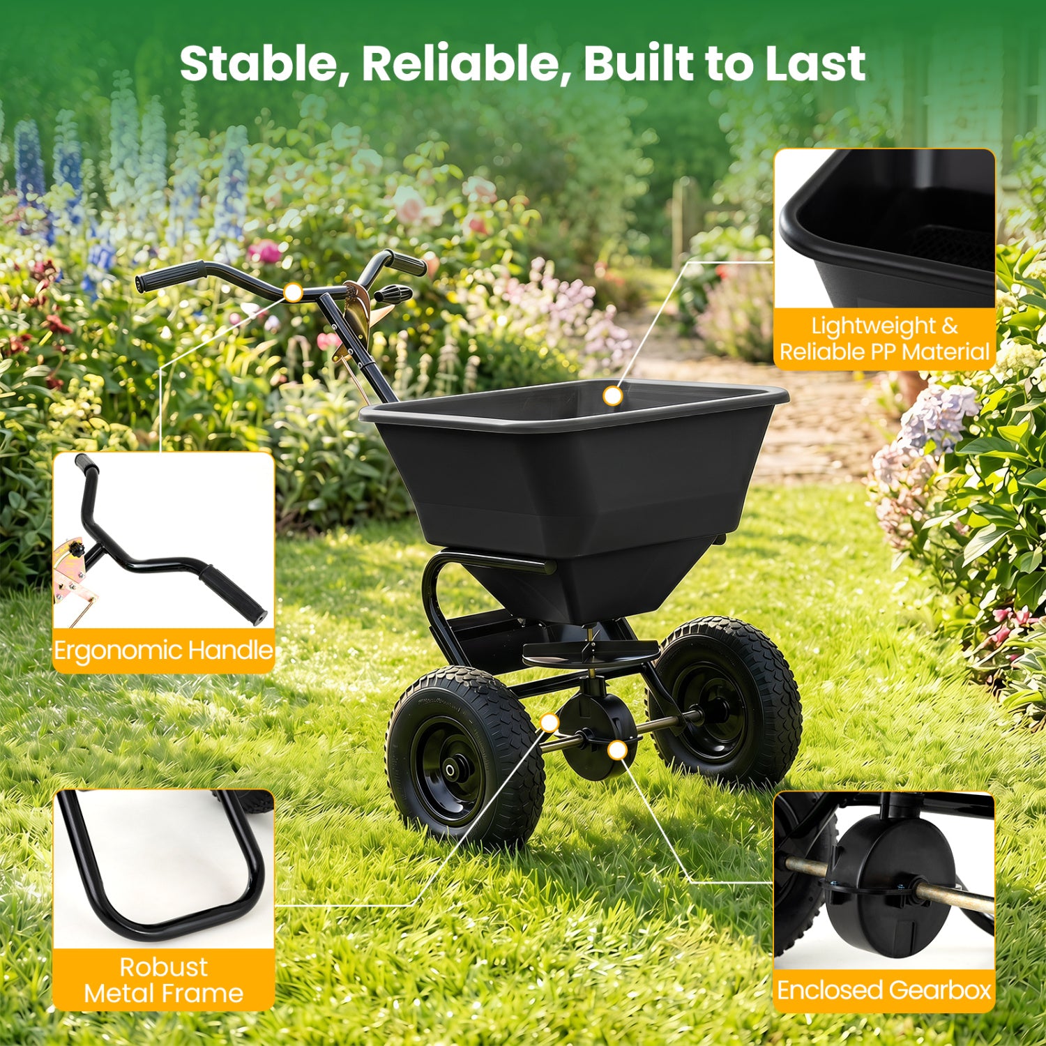 66 LBS Walk-Behind Broadcast Spreader with 13 Inch All-Terrain Tires-Black