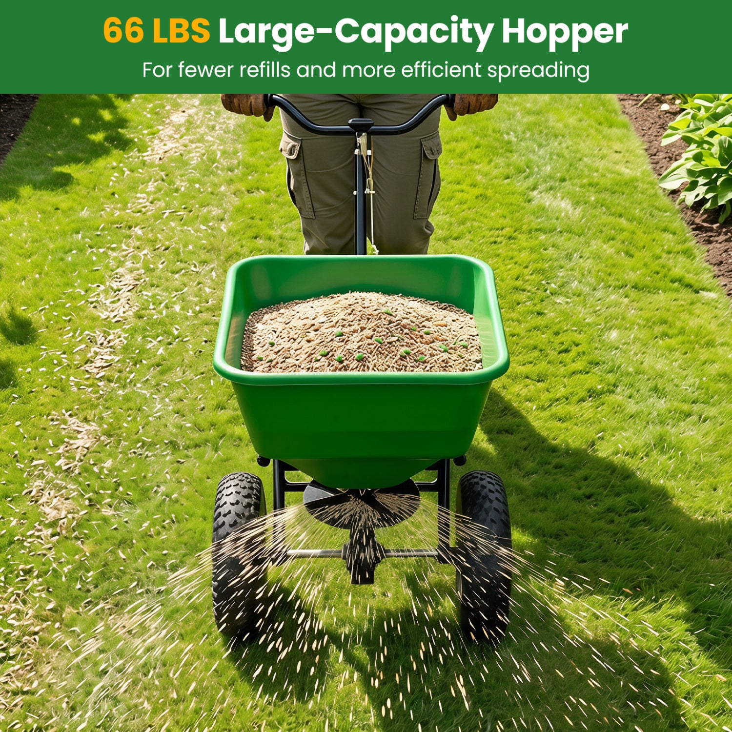 66 LBS Walk-Behind Broadcast Spreader with 13 Inch All-Terrain Tires-Green