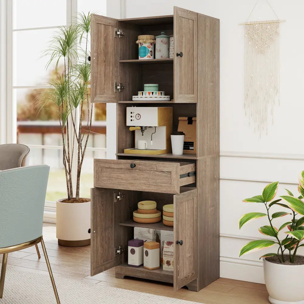 67.5 Inch Tall Modern Freestanding Floor Storage Cabinet with 4 Doors and 1 Drawer-Oak - Oak - Sideboards Cabinets &