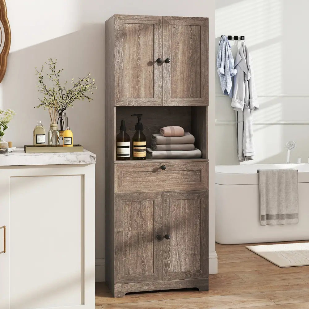 67.5 Inch Tall Modern Freestanding Floor Storage Cabinet with 4 Doors and 1 Drawer-Oak - Oak - Sideboards Cabinets &