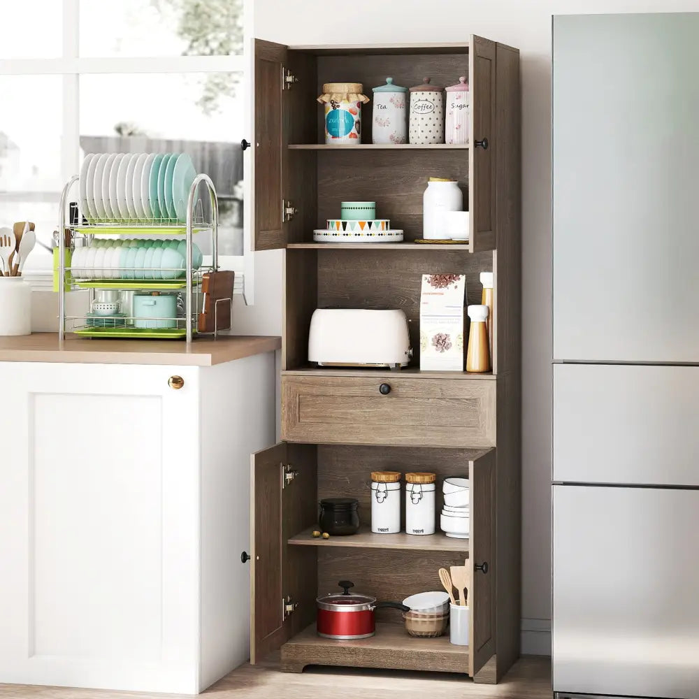 67.5 Inch Tall Modern Freestanding Floor Storage Cabinet with 4 Doors and 1 Drawer-Oak - Oak - Sideboards Cabinets &