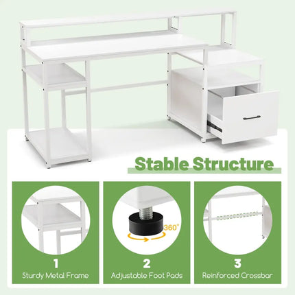 67 Inch Computer Desk with Monitor Stand & File Drawer-White - White - Computer Desks