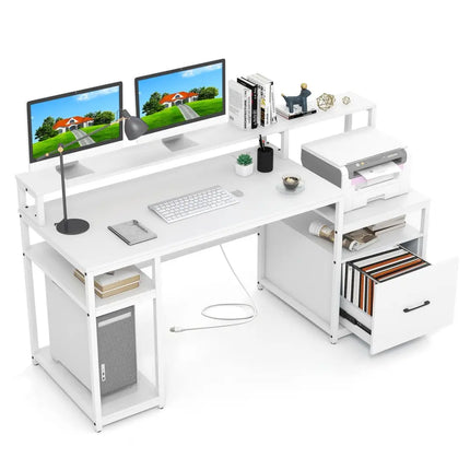 67 Inch Computer Desk with Monitor Stand & File Drawer-White - White - Computer Desks