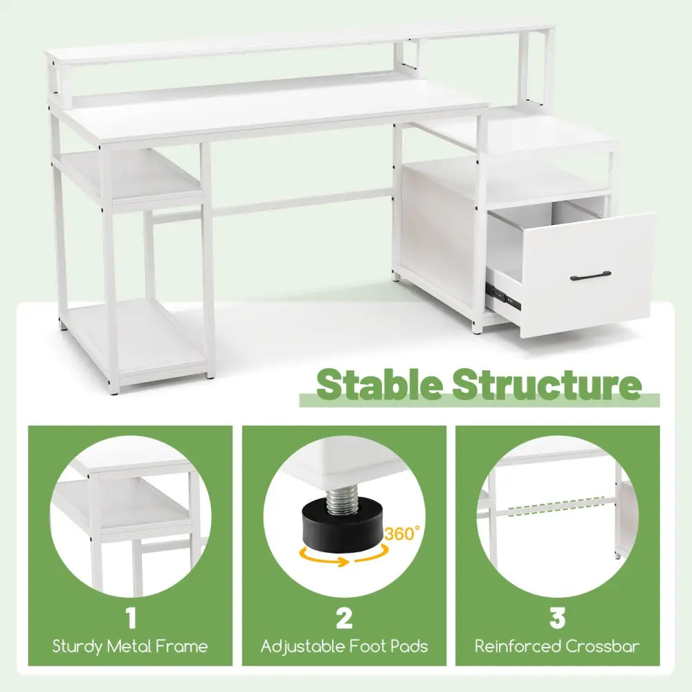 67 Inch Computer Desk with Monitor Stand & File Drawer-White - White - Computer Desks