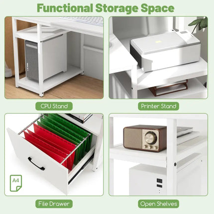 67 Inch Computer Desk with Monitor Stand & File Drawer-White - White - Computer Desks