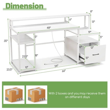 67 Inch Computer Desk with Monitor Stand & File Drawer-White - White - Computer Desks
