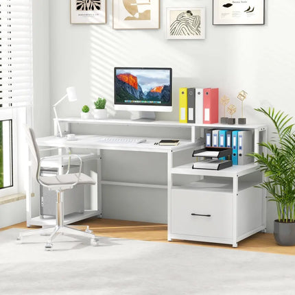 67 Inch Computer Desk with Monitor Stand & File Drawer-White - White - Computer Desks