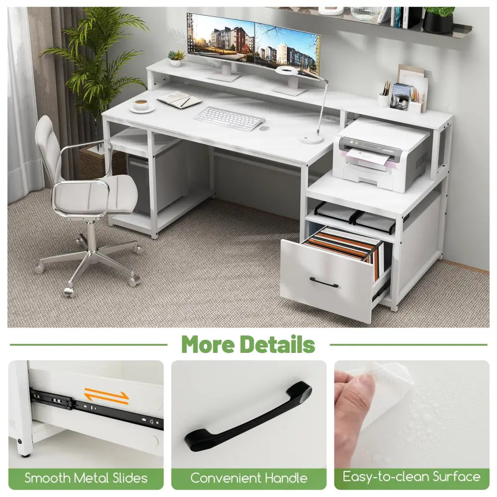 67 Inch Computer Desk with Monitor Stand & File Drawer-White - White - Computer Desks