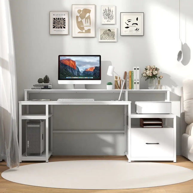 67 Inch Computer Desk with Monitor Stand & File Drawer-White - White - Computer Desks