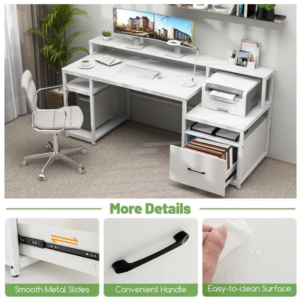 67 Inch Computer Desk with Monitor Stand & File Drawer-White - White - Computer Desks