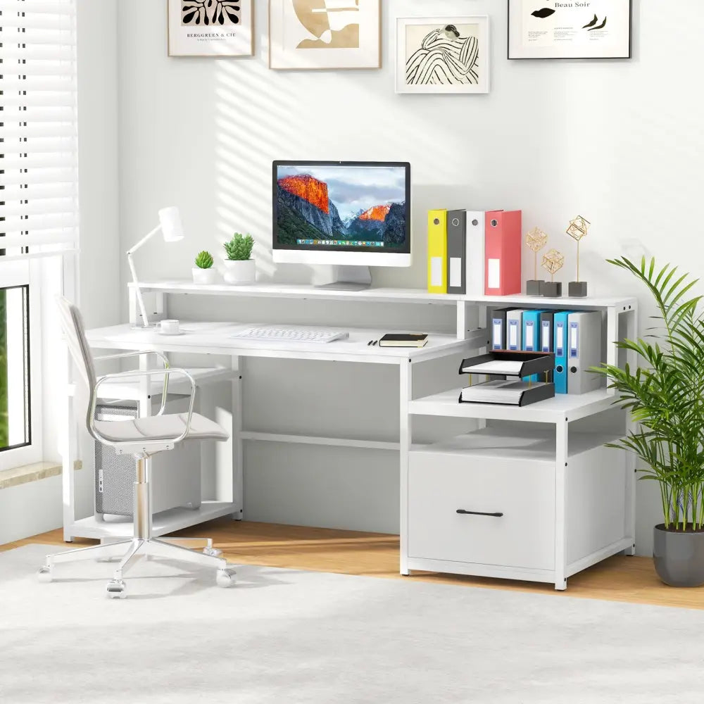 67 Inch Computer Desk with Monitor Stand & File Drawer-White - White - Computer Desks