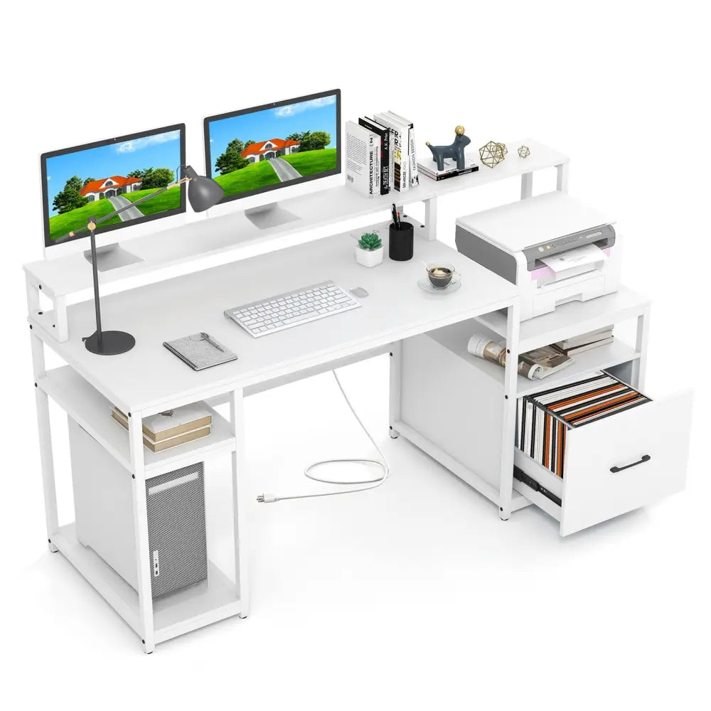 67 Inch Computer Desk with Monitor Stand & File Drawer-White - White - Computer Desks