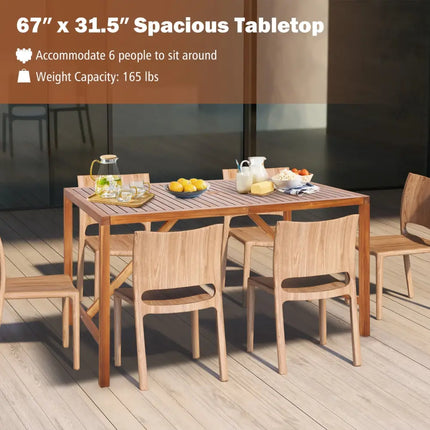 67 Inch Patio Rectangle Acacia Wood Dining Table with Umbrella Hole - Natural - Patio Dining Tables