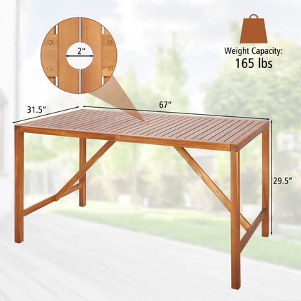 67 Inch Patio Rectangle Acacia Wood Dining Table with Umbrella Hole - Natural - Patio Dining Tables
