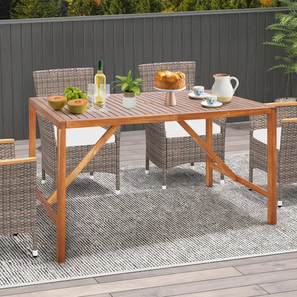 67 Inch Patio Rectangle Acacia Wood Dining Table with Umbrella Hole - Natural - Patio Dining Tables