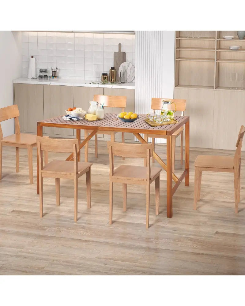 67 Inch Patio Rectangle Acacia Wood Dining Table with Umbrella Hole - Natural - Patio Dining Tables