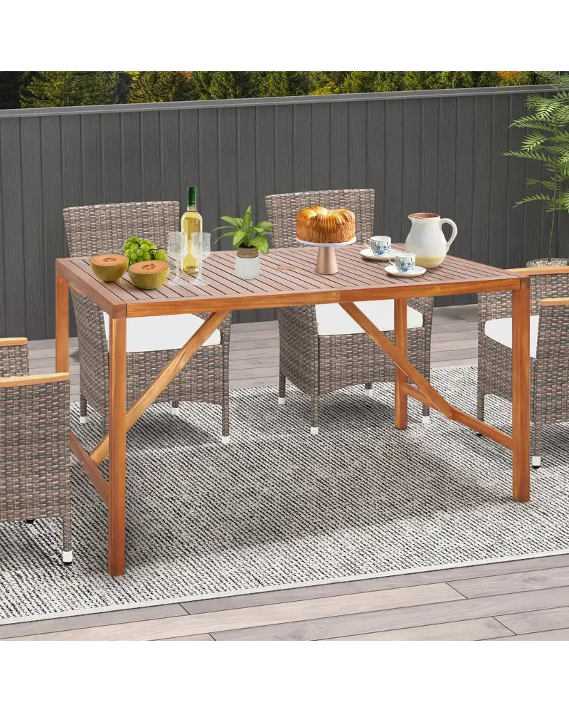 67 Inch Patio Rectangle Acacia Wood Dining Table with Umbrella Hole - Natural - Patio Dining Tables