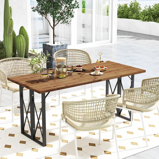 67 Inch Patio Rectangle Acacia Wood Dining Table with Umbrella Hole - Brown - Patio Dining Tables
