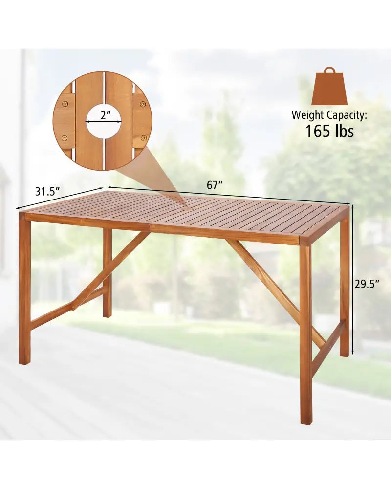 67 Inch Patio Rectangle Acacia Wood Dining Table with Umbrella Hole - Natural - Patio Dining Tables