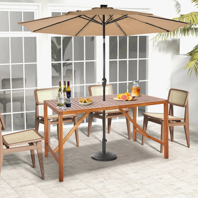 67 Inch Patio Rectangle Acacia Wood Dining Table with Umbrella Hole - Natural - Patio Dining Tables