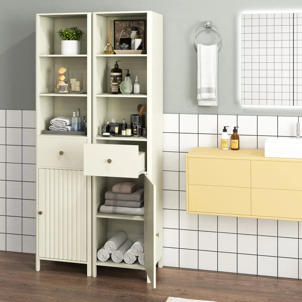 67 Inch Tall Bathroom Cabinet Narrow Floor Cabinet with Fluted Door-Beige - Beige - Floor Cabinets
