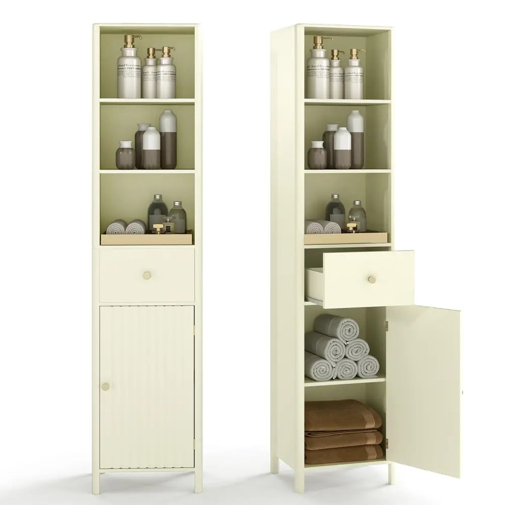 67 Inch Tall Bathroom Cabinet Narrow Floor Cabinet with Fluted Door-Beige - Beige - Floor Cabinets