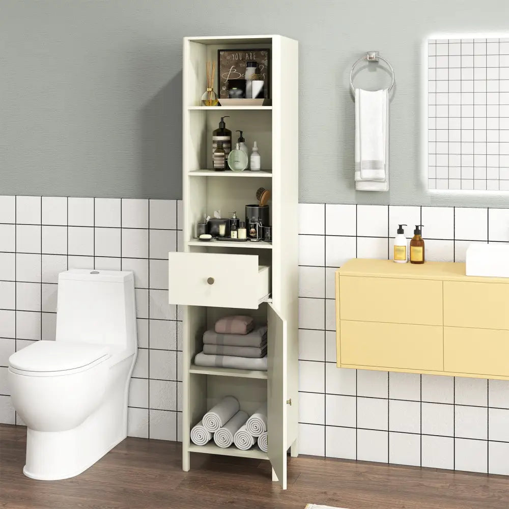 67 Inch Tall Bathroom Cabinet Narrow Floor Cabinet with Fluted Door-Beige - Beige - Floor Cabinets