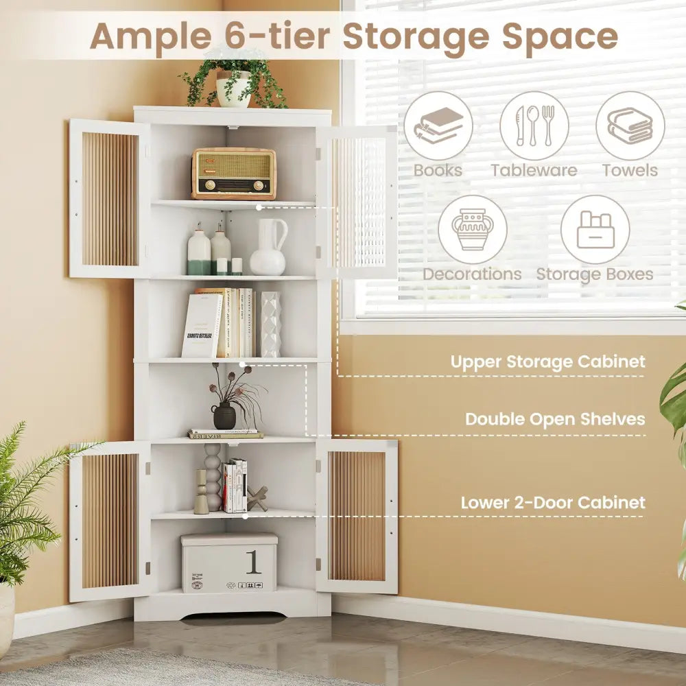 67 Inch Tall Corner Cabinet Triangular Buffet Cabinet with Tempered Glass Doors-White - White - Sideboards Cabinets &
