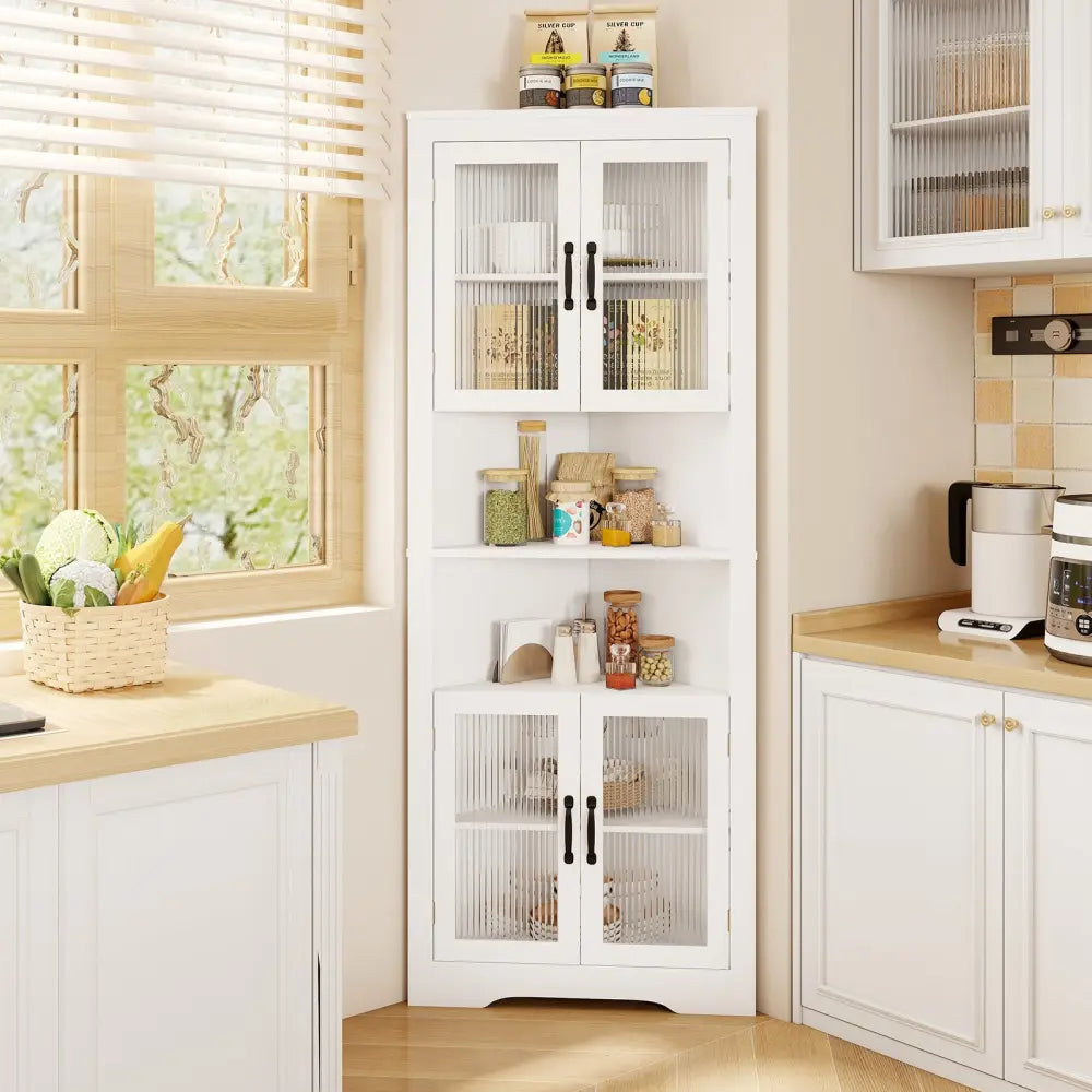 67 Inch Tall Corner Cabinet Triangular Buffet Cabinet with Tempered Glass Doors-White - White - Sideboards Cabinets &