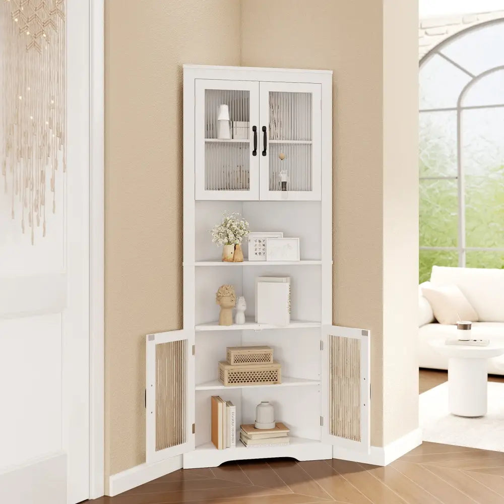 67 Inch Tall Corner Cabinet Triangular Buffet Cabinet with Tempered Glass Doors-White - White - Sideboards Cabinets &