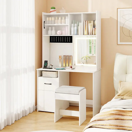 67 Inches Tall Vanity Set with Mirror Makeup Dressing Table with Charging Station-White - White - Makeup Vanities
