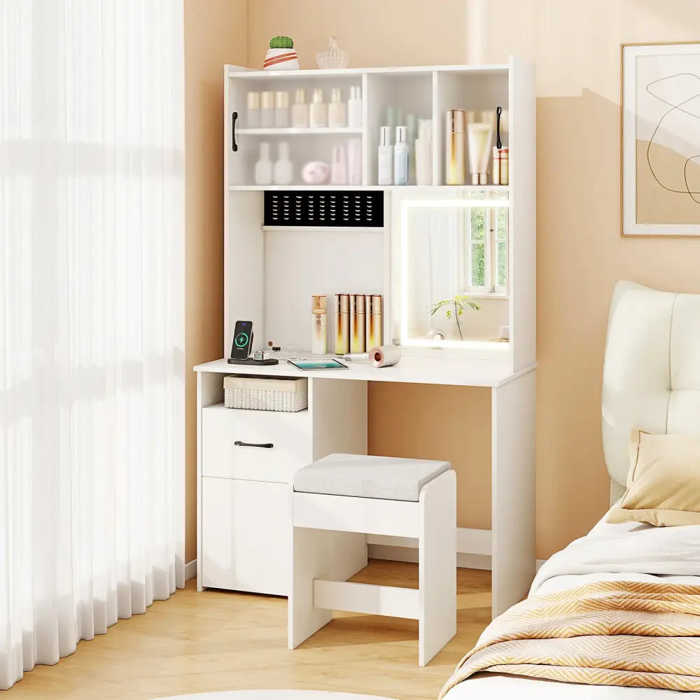 67 Inches Tall Vanity Set with Mirror Makeup Dressing Table with Charging Station-White - White - Makeup Vanities