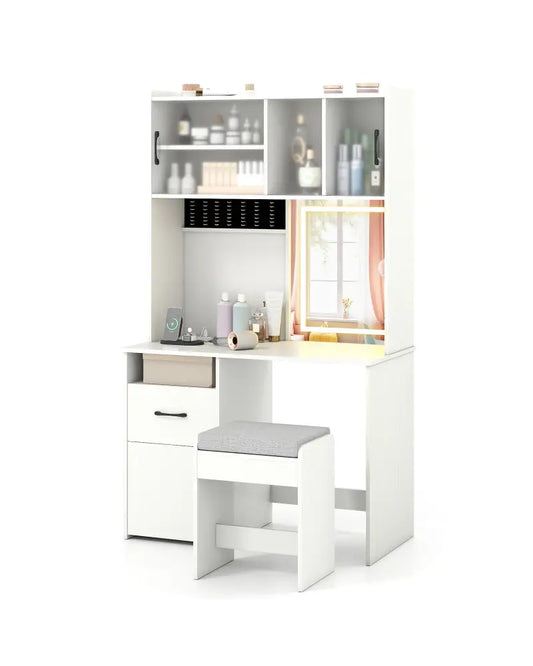 67 Inches Tall Vanity Set with Mirror Makeup Dressing Table with Charging Station-White - White - Makeup Vanities