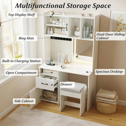 67 Inches Tall Vanity Set with Mirror Makeup Dressing Table with Charging Station-White - White - Makeup Vanities
