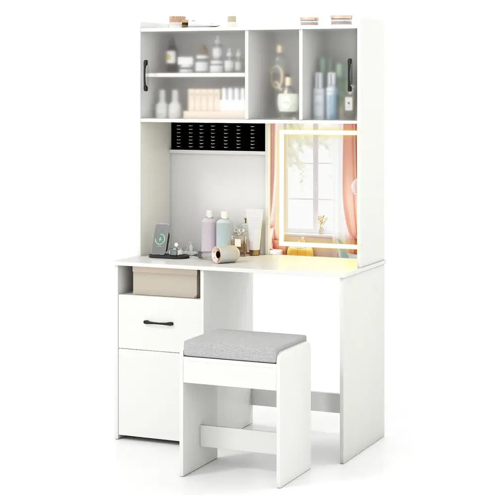 67 Inches Tall Vanity Set with Mirror Makeup Dressing Table with Charging Station-White - White - Makeup Vanities