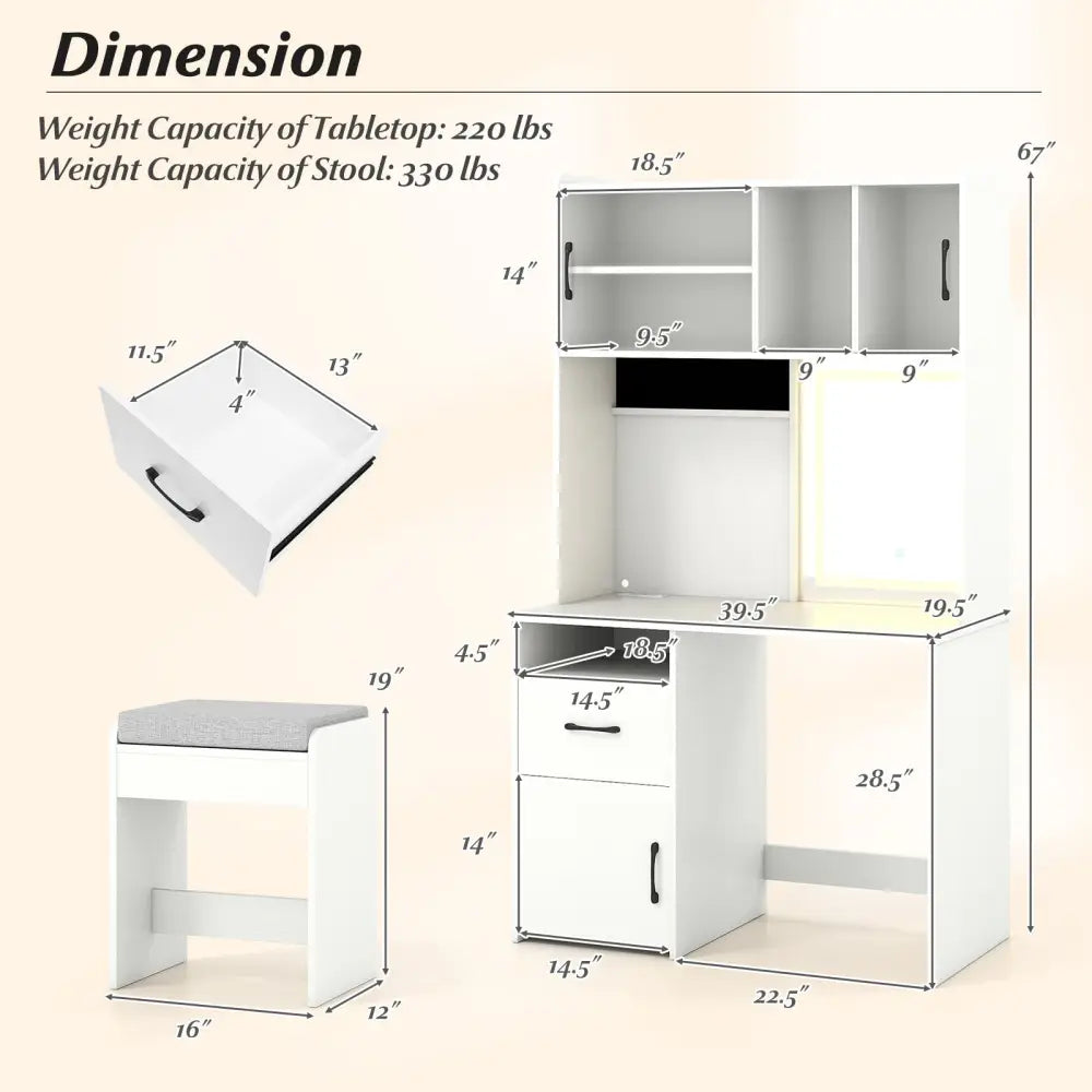 67 Inches Tall Vanity Set with Mirror Makeup Dressing Table with Charging Station-White - White - Makeup Vanities