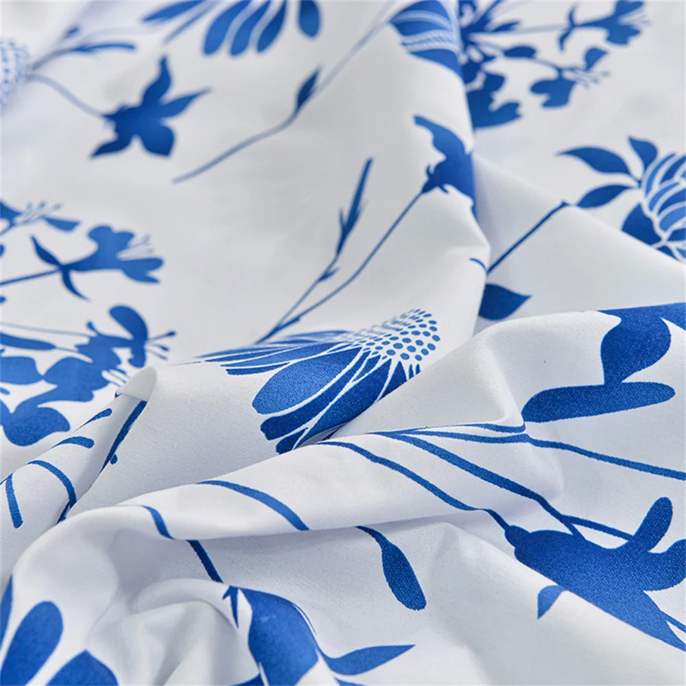 Blue Floral Fitted Bed Sheet with Elastic – Twin/Queen/King Mattress Cover