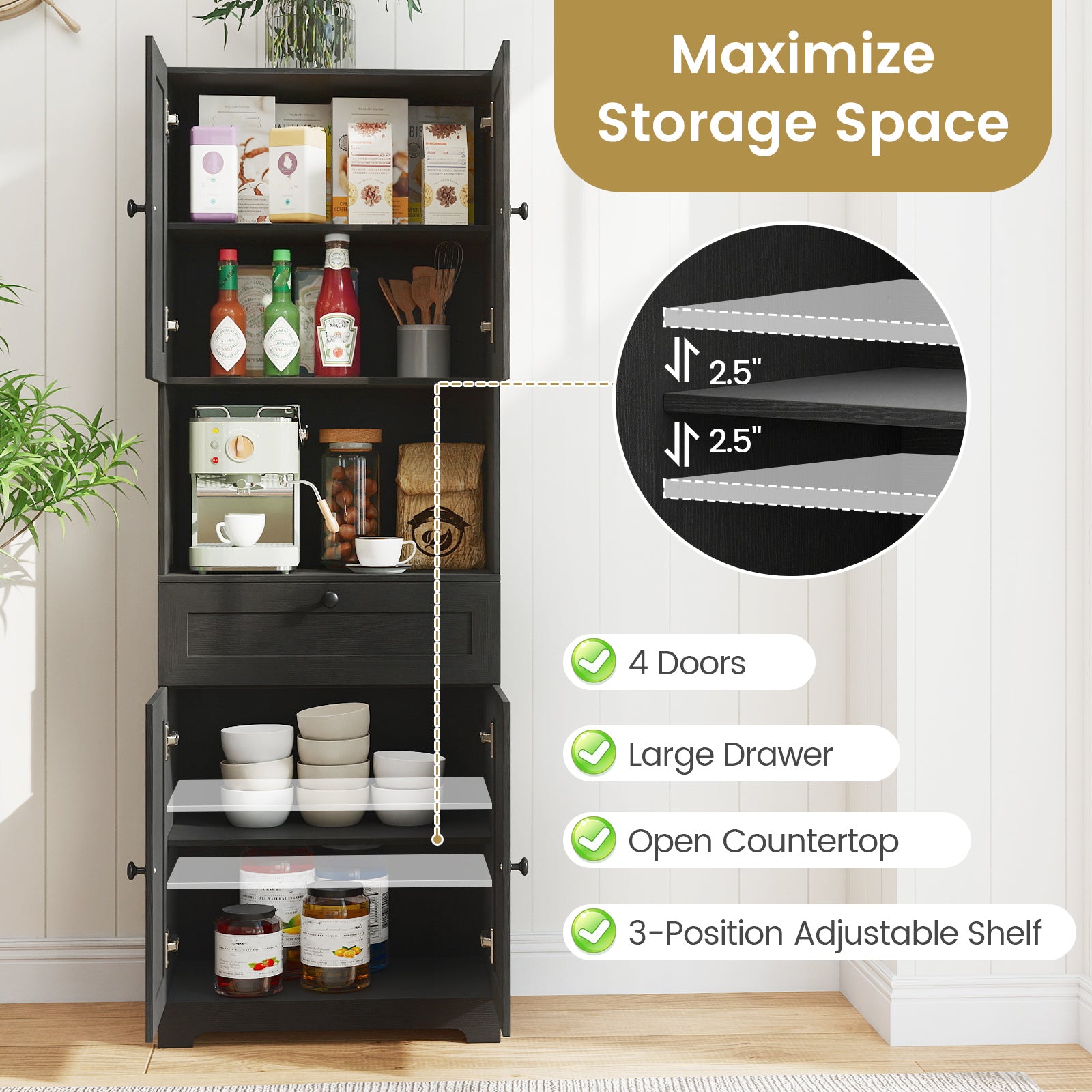 67.5 Inch Tall Modern Freestanding Floor Storage Cabinet with 4 Doors and 1 Drawer-Black